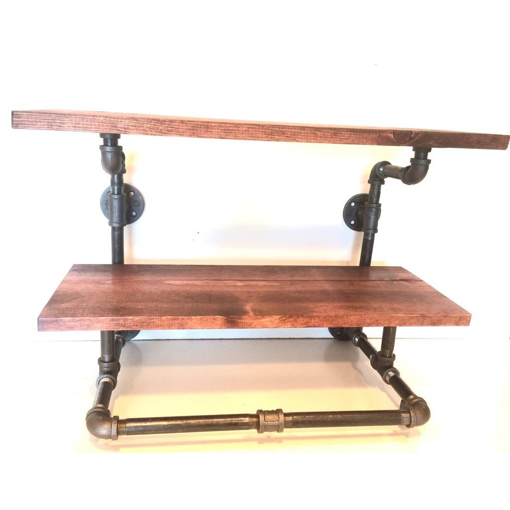 Kệ treo tường ống nước 2 tầng vintage, kệ ống nước cao cấp kiêm giá treo quần áo decor trang trí đẹp