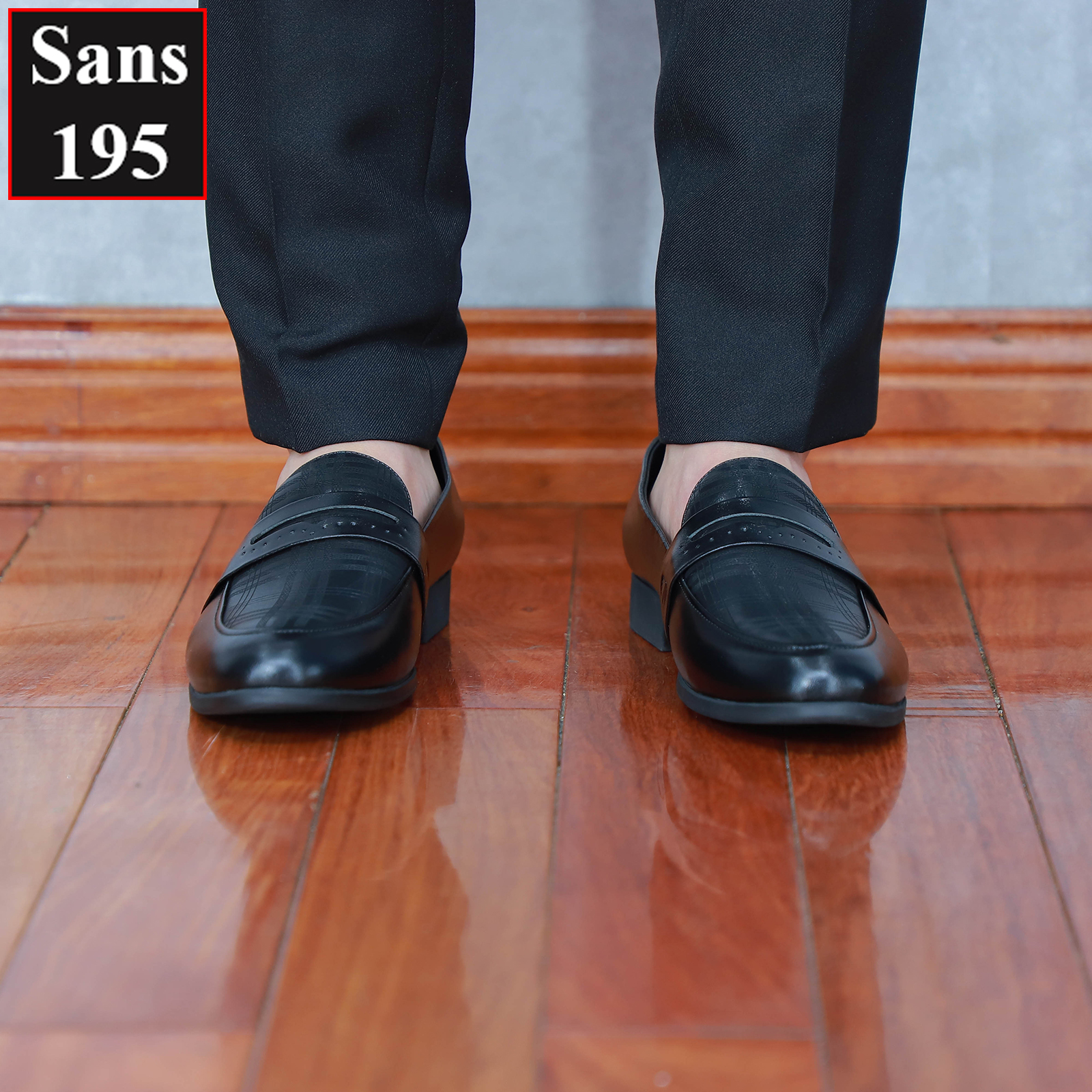 Giày lười nam da bò thật Sans195 moca công sở hoạ tiết giầy penny loafer đẹp cao cấp mũi tròn dầy mọi đen thời trang
