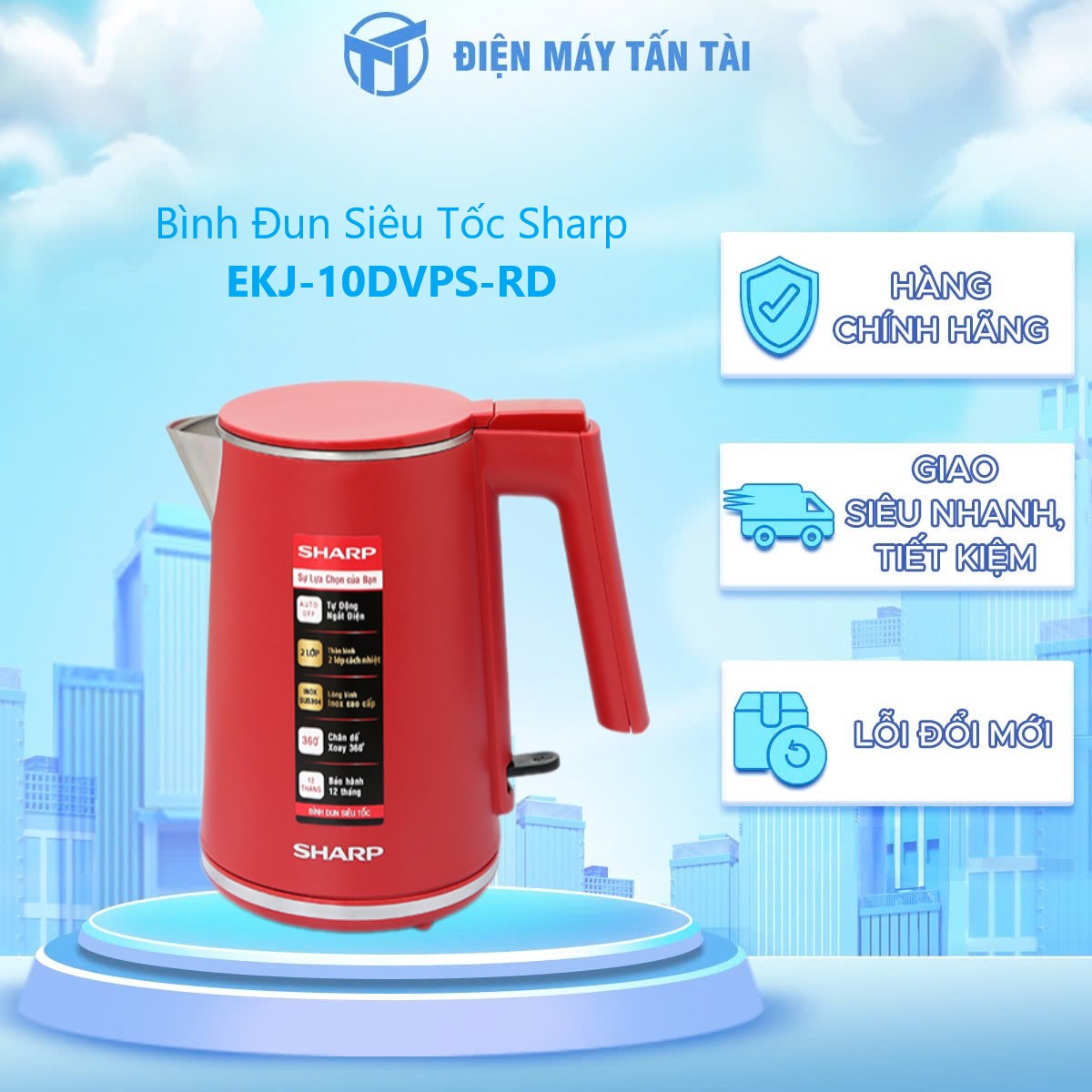 Bình Đun Siêu Tốc Sharp EKJ-10DVPS-RD (1.0 Lít) - Hàng Chính Hãng