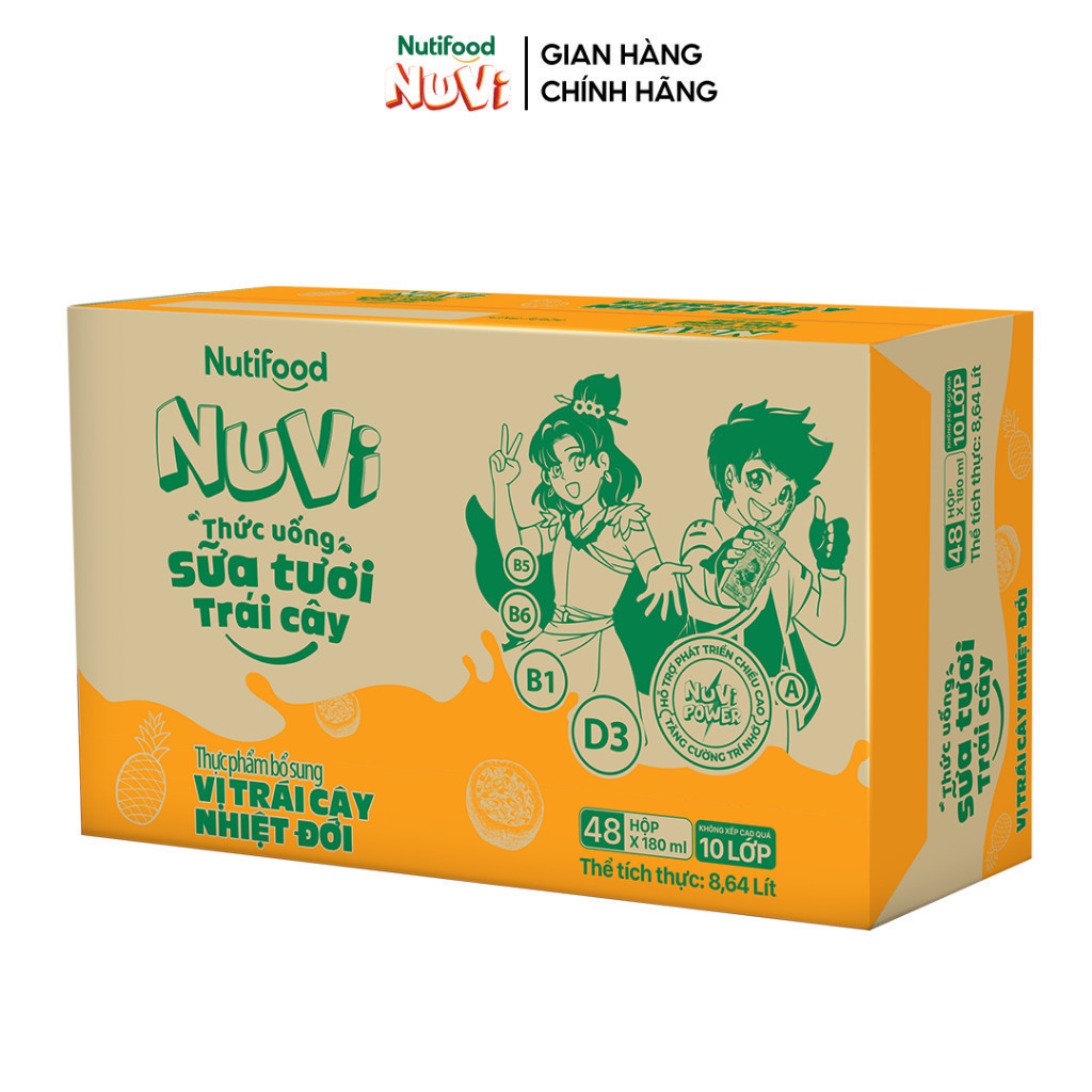 Thùng 48 hộp Thức Uống Sữa Tươi Trái Cây Tươi Nuvi Vị Nhiệt đới 180ml - Tăng Cường Chiều Cao, Phát Triển Trí Não