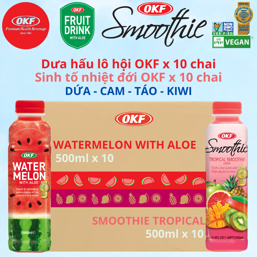 Combo nước sinh tố nhiệt đới + Nước dưa hấu lô hội mỗi loại 10 chai x 500ml