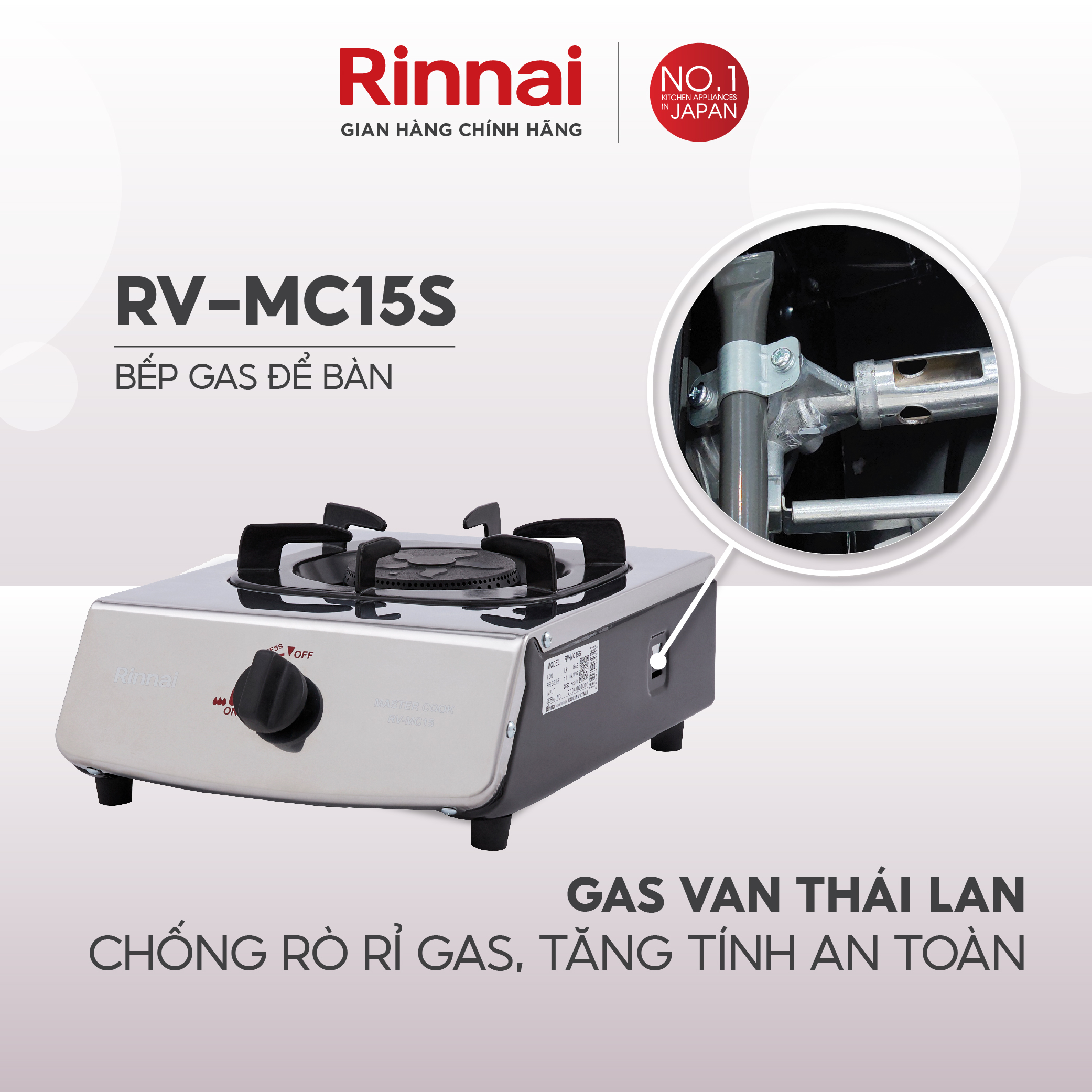 Bếp gas dương Rinnai RV-MC15S mặt bếp inox và kiềng bếp men - Hàng chính hãng.
