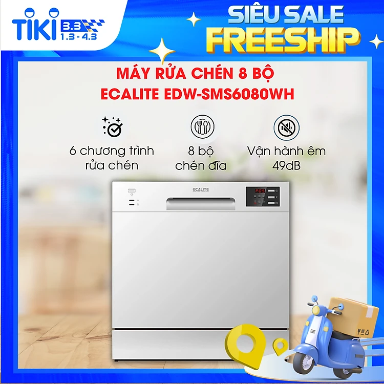 Máy rửa chén Ecalite EDW-SMS6080WH  - 8 Bộ - Lắp đặt bàn - Hàng Chính Hãng - Hỗ Trợ Trả Góp