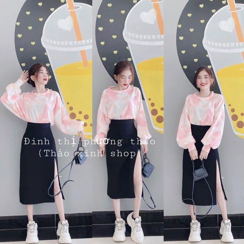 Set váy đen xẻ phối áo tay dài loang màu năng động, SET VÁY XẺ ÁO LOANG