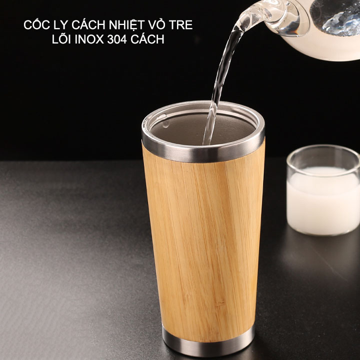 Cốc uống trà, cà phê vỏ tre 450ml, lõi inox 304, nắp bật
