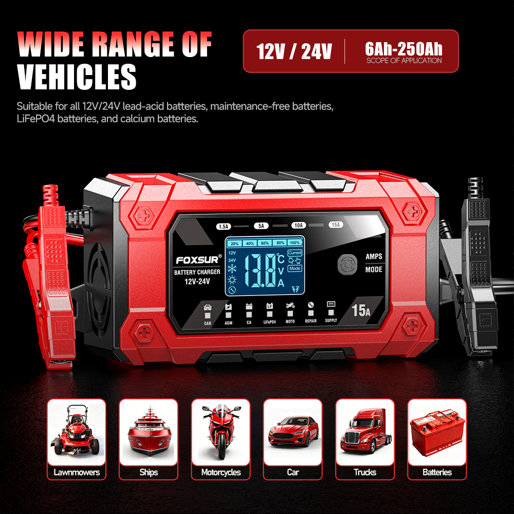 Bộ sạc ắc quy FOXSUR 15D thông minh FBC122415D 12V 15A 24V 5A 6AH - 250AH khử sunfat và tự động ngắt hàng chính hãng