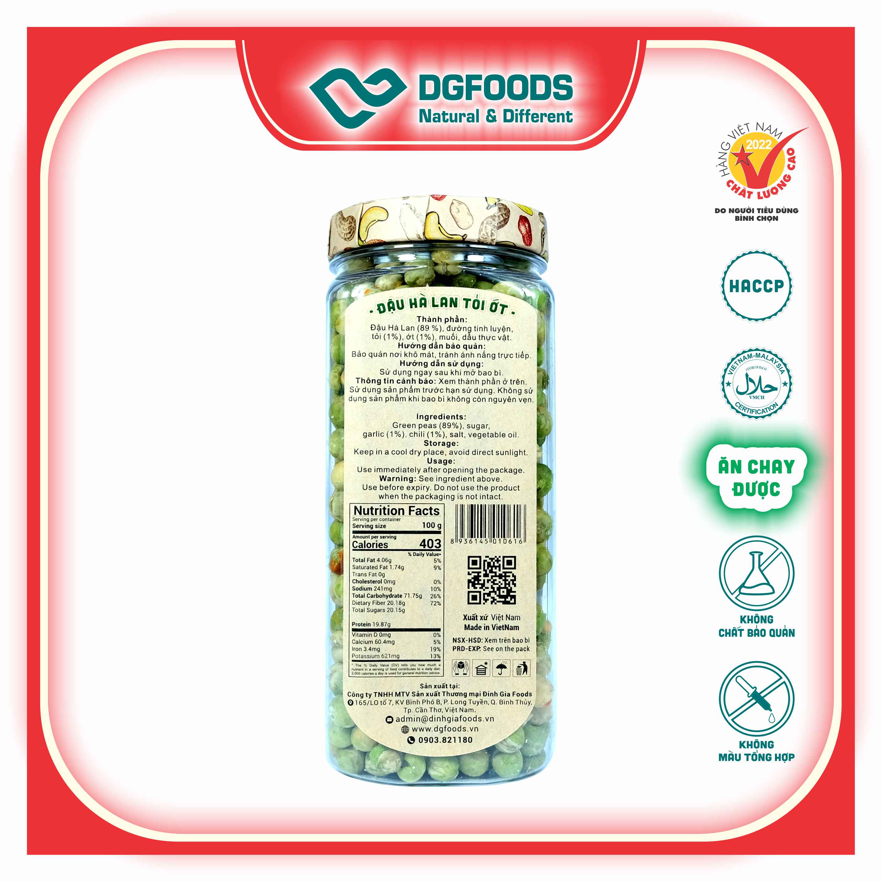 Đậu Hà Lan Tỏi Ớt DGfoods 230g/ Chili &amp; garlic coated green peas/ HVNCLC, Haccp, Halal, Ăn chay, Ăn kiêng, Đặc sản Cần Thơ