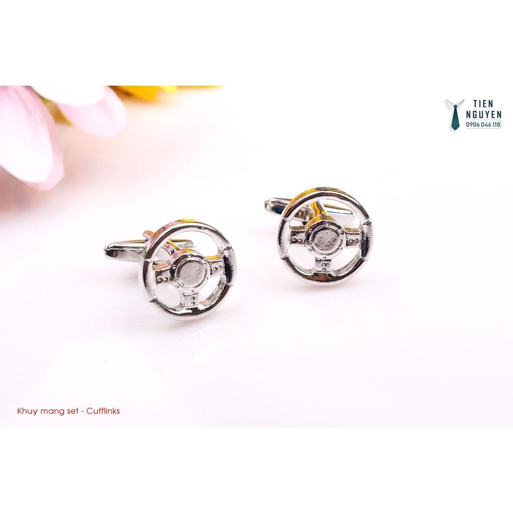 Khuy Cài tay áo Măng Set cao cấp đính đá - cufflinks , tặng kèm hộp nhỏ, hình vô lăng