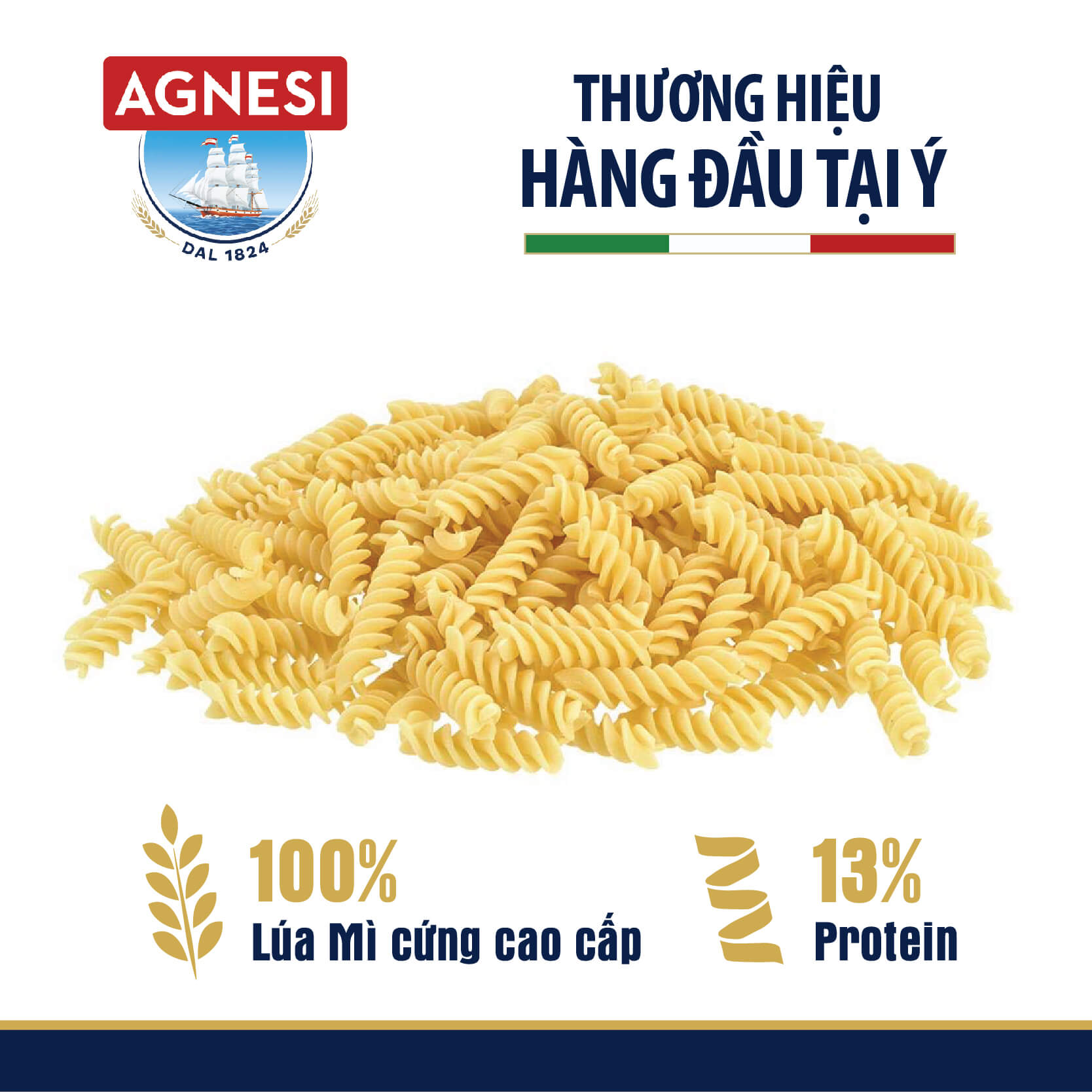 Nui xoắn Fusilli N.78 Agnesi 500g, làm từ lúa mì cứng cao cấp Semolina, luộc 10 phút, nhập khẩu Ý