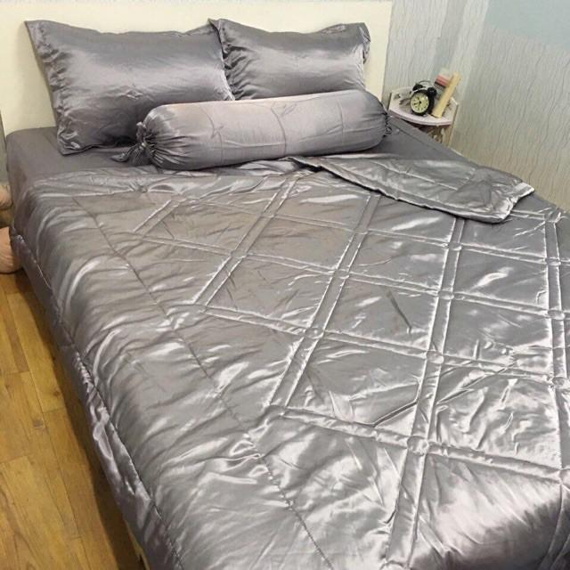 Bộ Chăn Trần Bông Ga Gối Phi Lụa 5 Món Cao Cấp Lan Bedding Màu Xám Ghi