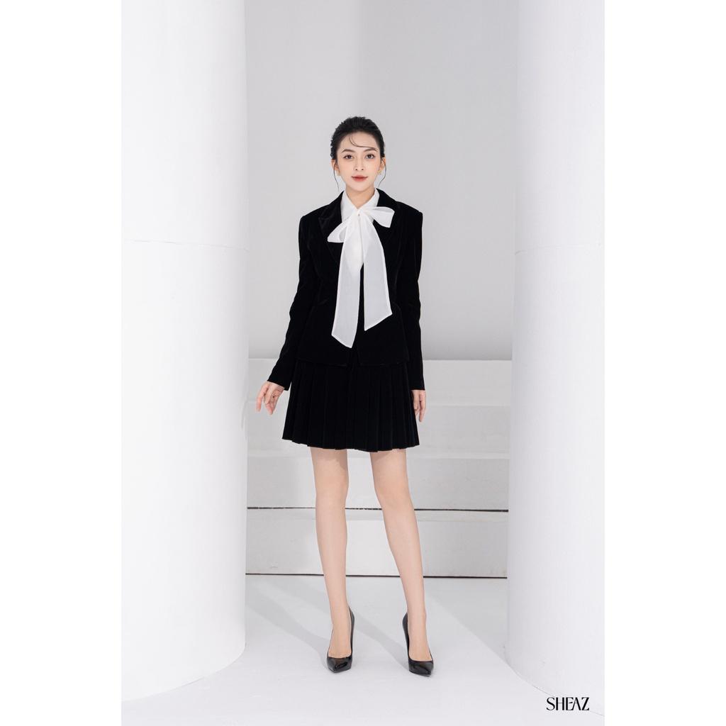 SHEAZ Áo vest blazer nhung nữ thu đông, màu đen, công sở basic, lót lụa satin