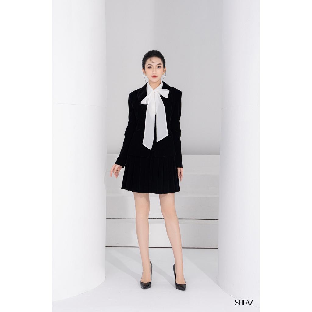 SHEAZ Áo vest blazer nhung nữ thu đông, màu đen, công sở basic, lót lụa satin