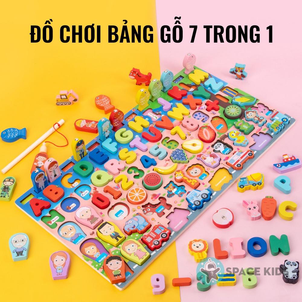 Đồ chơi gỗ cho bé Bảng gỗ câu cá 7 trong 1 chữ cái, số, cột tính, ghép hình nhiều chủ đề cho bé phát triển tư duy