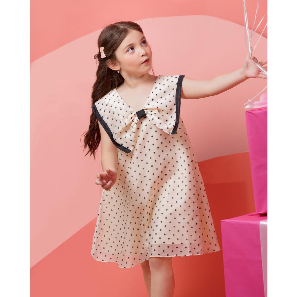 Đầm chấm bi bé gái BYZU chất liệu tơ cotton, váy thiết kế nổi bật với chiếc nơ to