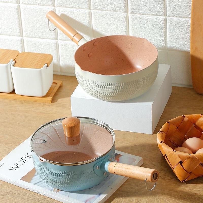 CHẢO SÂU LÒNG CERAMIC LÚA MẠCH  CÓ TAY CẦM CÁN GỖ CHÓNG BỎNG