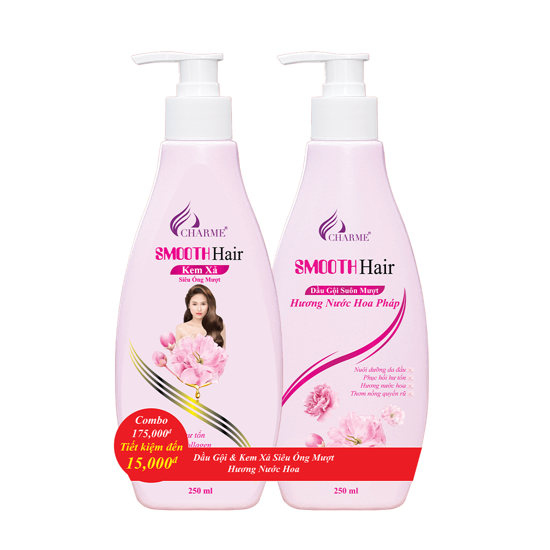 Combo Dầu Gội Kem Xả CHARME Smooth Hair Dương Toc Suôn Mươt Phuc Hôi Toc Hư Tôn 250Ml