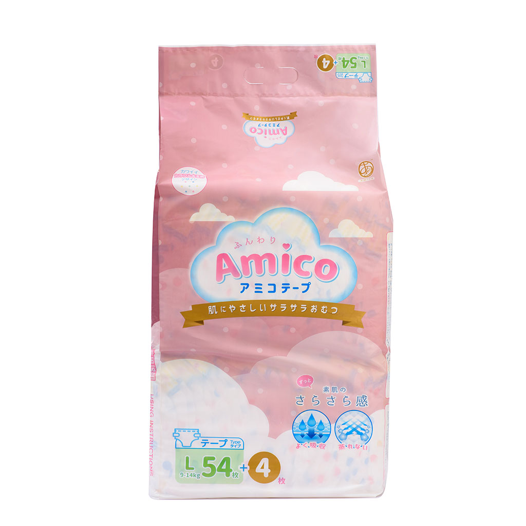 Bỉm - Tã dán Amico size L 54 + 4 miếng (Cho bé 9 - 14 kg)