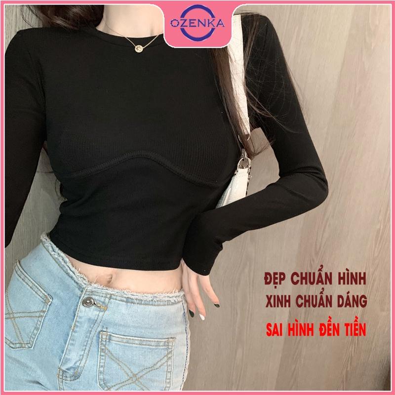 Áo croptop tay dài cổ tròn ôm nữ , áo thu đông tôn ngực mặc đi học đi chơi chất len tăm 100% cotton đen trắng