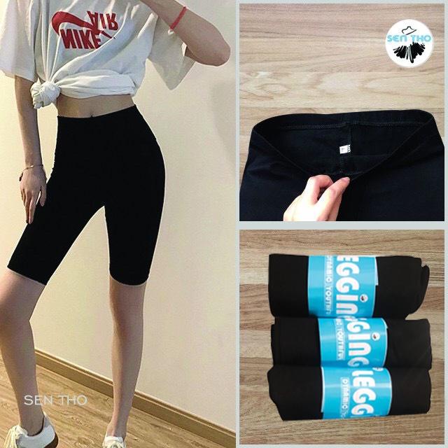 Quần Legging Nữ Ngố Đùi Lửng Cạp Chun Màu Đen Chất Thun Co Giãn 4 Chiều Mặc Ôm Dáng Trẻ Trung Năng Động