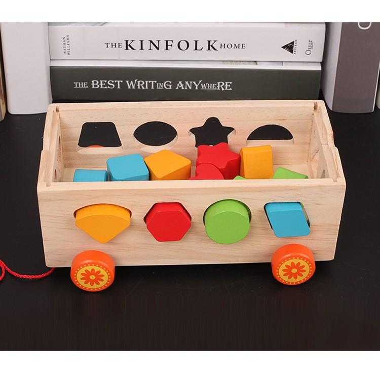 Xe Kéo Thả Hình Khối Đồ Chơi Gỗ Montessori ,Màu Sắc Đẹp,Luyện Kỹ Năng Tay và Học Màu Sắc,Hình Khối
