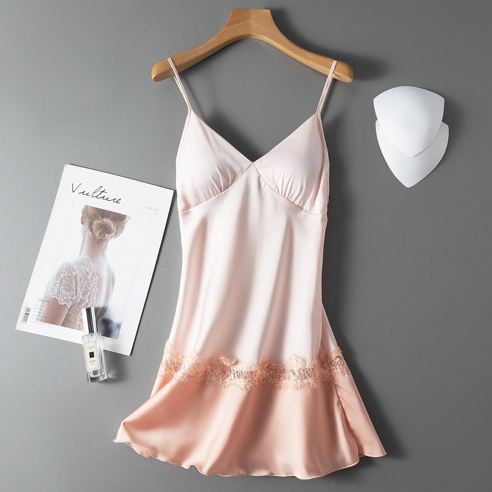 Váy Ngủ HISEXY Lụa Satin Phối Ren Kèm Mút Ngực MD22