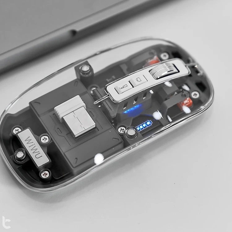 Chuột không dây bluetooth 5.1 trong suốt lộ cơ hiệu WiWU Crystal Wireless Magetic Mouse WM105 - kết nối 3 thiết bị cùng lúc, độ bền cao 5 triệu click, đèn led RGB đổi màu, thiết kế trong suốt thời trang, DPI cực cao 2400 - Hàng nhập khẩu