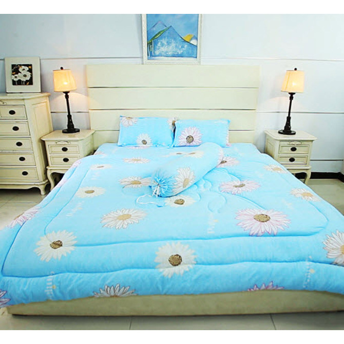 Bộ drap mền chất liệu cotton đũi cao cấp ( Tặng vợt đuổi muỗi) _ Size 1.6m ( Màu xanh bông cúc)