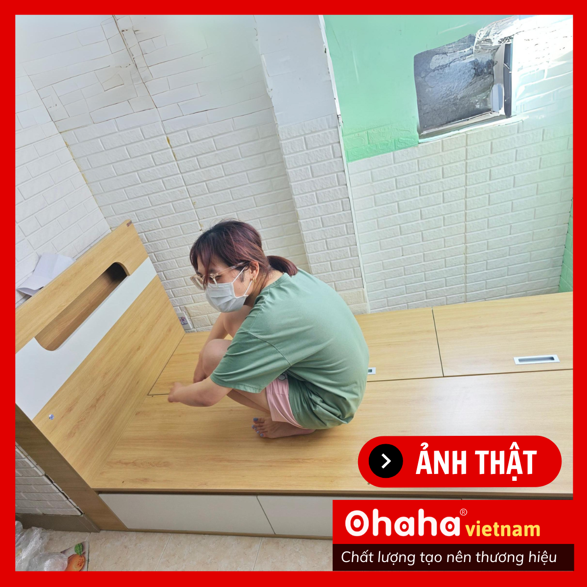 [ Kèm Ảnh Thực Tế - Miễn phí vận chuyển &amp; Lắp đặt ] Giường ngủ gỗ cao cấp kèm đèn LED Ohaha - Vàng gỗ/Trắng - OH011