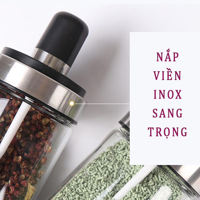 Combo 04 Hũ Đựng Gia Vị, Lọ Đựng Gia Vị Thuỷ Tinh Viền Inox Kèm Muỗng