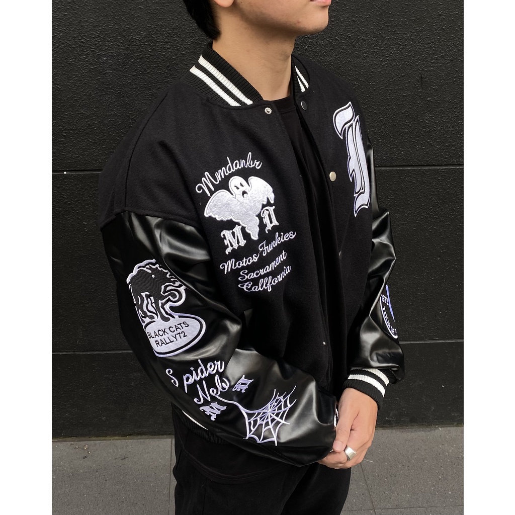 Bomber tay da ghost vintage, varsity jacket nam nữ chất dạ 2 lớp, áo khoác bóng chày local brand unisex - Gin Store