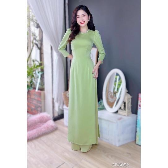 Áo dài trơn cổ mix ngọc kèm quần