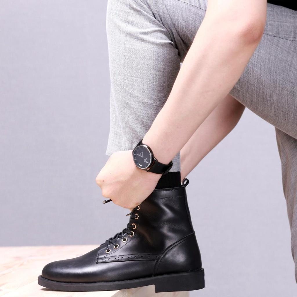 Giày da nam Combat Boots Captain 01 (Com01), da bò đen trơn cao cấp, Lucas Shoes bảo hành 1 năm