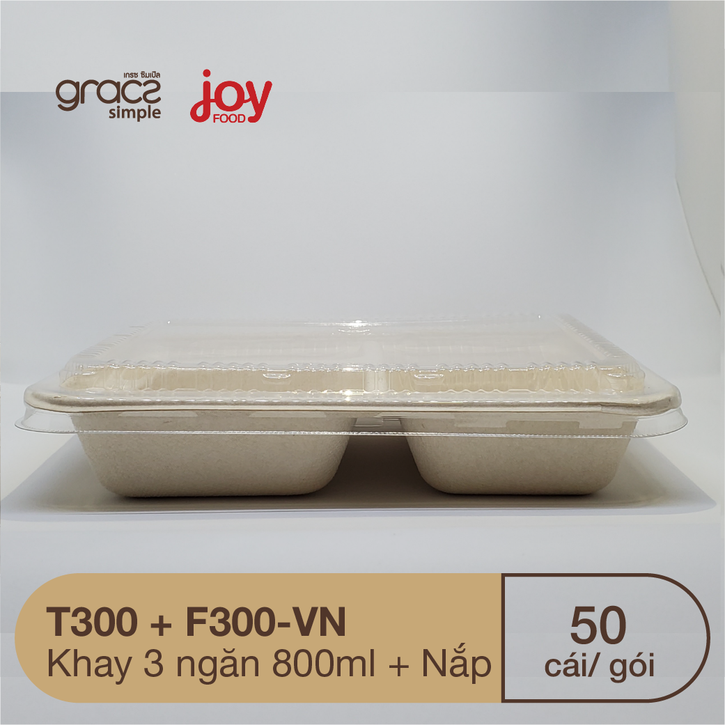 50 khay hộp cơm bã mía Thái Lan 3 ngăn 800ml/ Kèm Nắp Nhựa