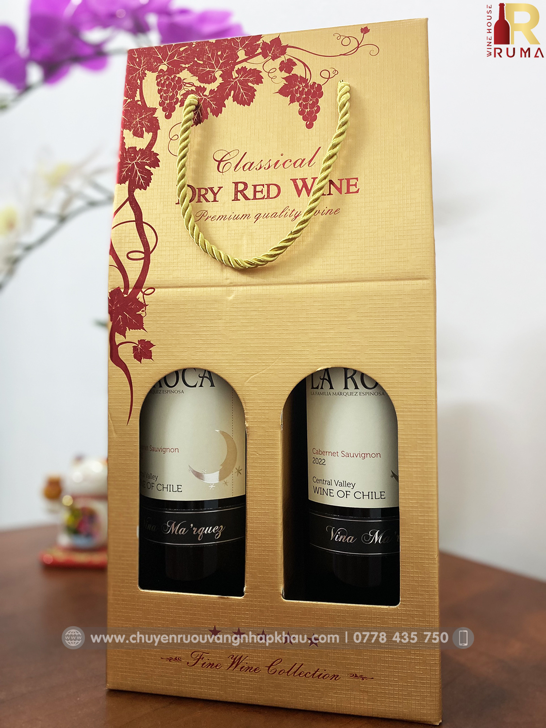 Set quà tặng hộp giấy 2 chai rượu vang Chile La Roca