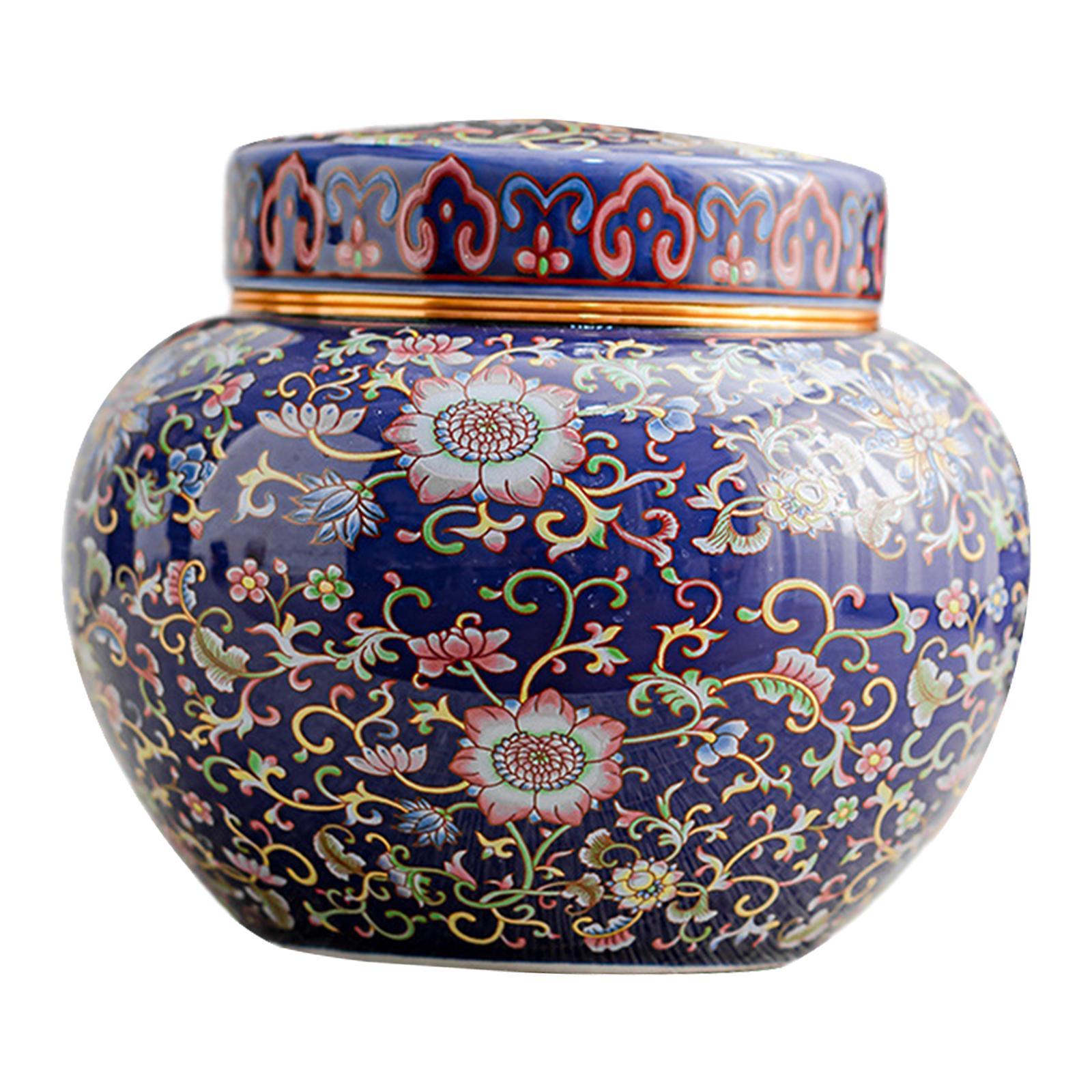 Tea Canister Floral Temple Jar with Lid Multipurpose Artwork Storage Container Desk Jar Vase Ceramic Ginger Jar for Dining Room Office Decor