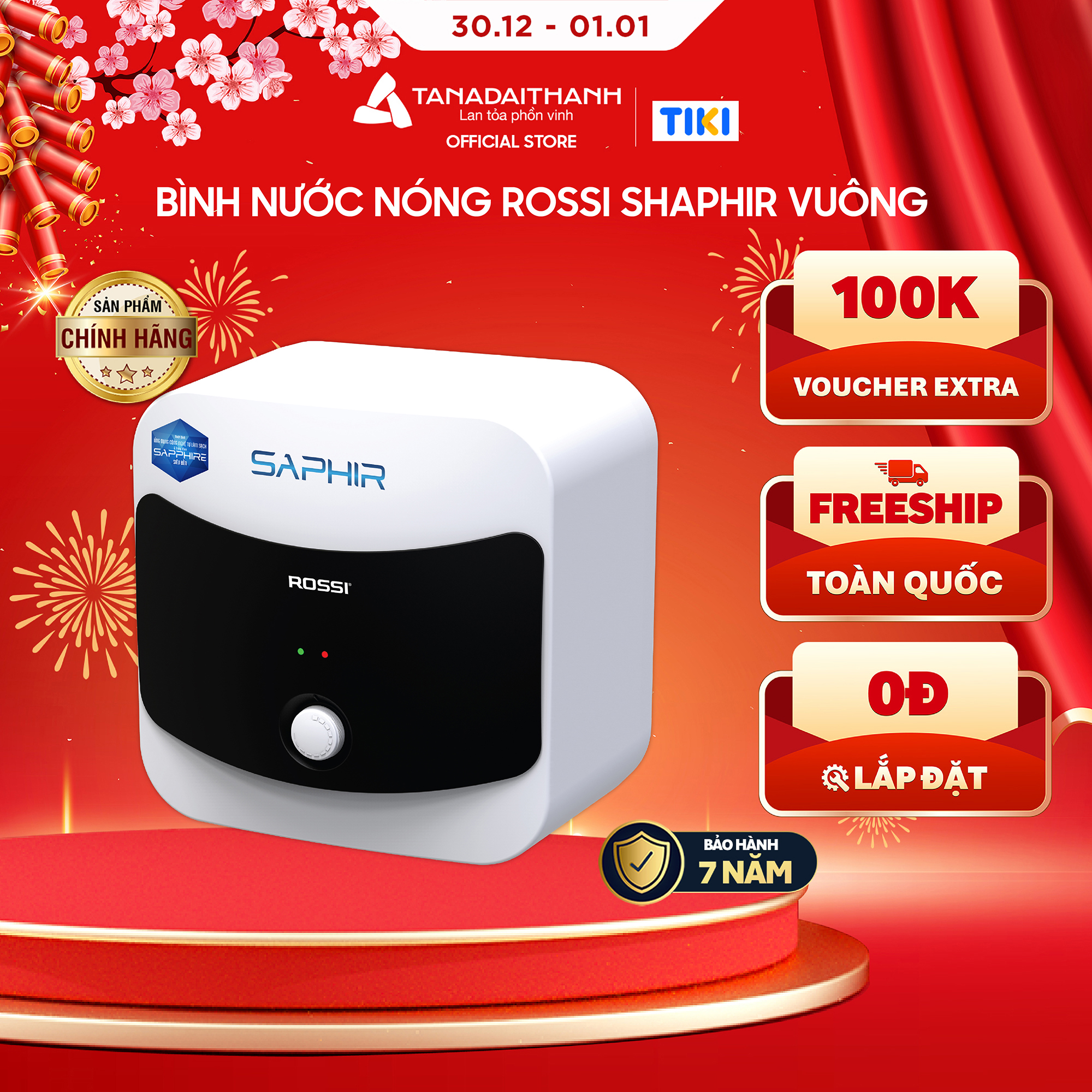 Bình nóng lạnh gián tiếp Rossi Saphir Vuông (15/20/30 Lít) - Chính hãng, Bảo Hành 7 năm