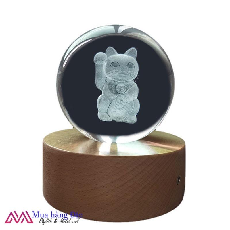 Bộ Quà Tặng Quả Cầu Pha Lê 3D larser LED Mèo Thần Tài 6cm