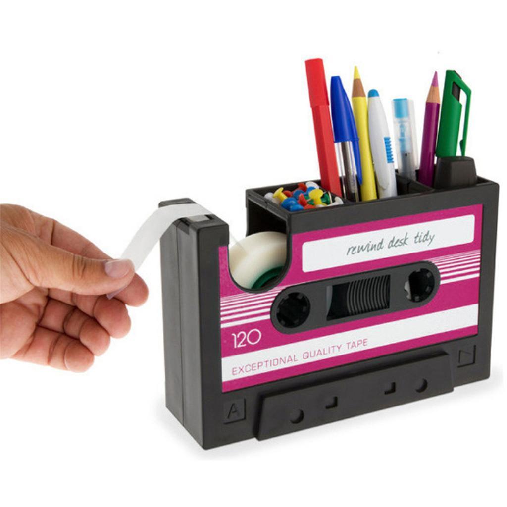 Cassette Tape Dispenser Pen Holder Stationery Organizer Tape Cutter Red