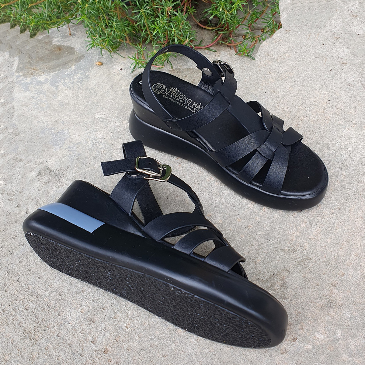 Giày sandal nữ đế xuồng 7cm Trường Hải 2 màu đen, xám thời trang nữ X160