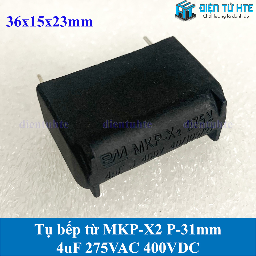 Tụ bếp từ MKP-X2 4uF 275VAC 400VDC pitch 31mm Đen size 36x15x23mm