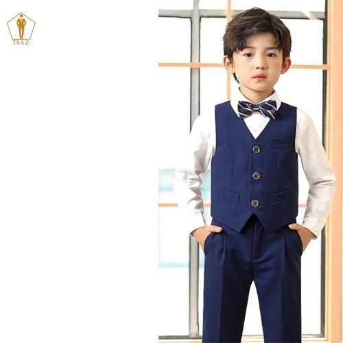 Set, Bộ Vest Xanh Đen Trẻ Em TRAZ Bé Trai, Con Nít(1 quần, 1 áo vest, 1 ghile, 1 nơ)Bé Mập Cao Tăng 1, 2 Size