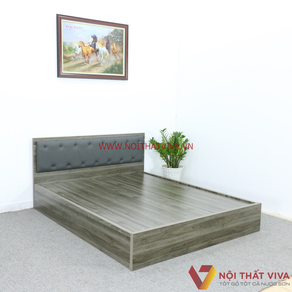 Giường Ngủ Gỗ MDF Melamine Màu Xanh Rêu Vân Gỗ Có Đầu Nệm Đen Cá Tính Đẹp