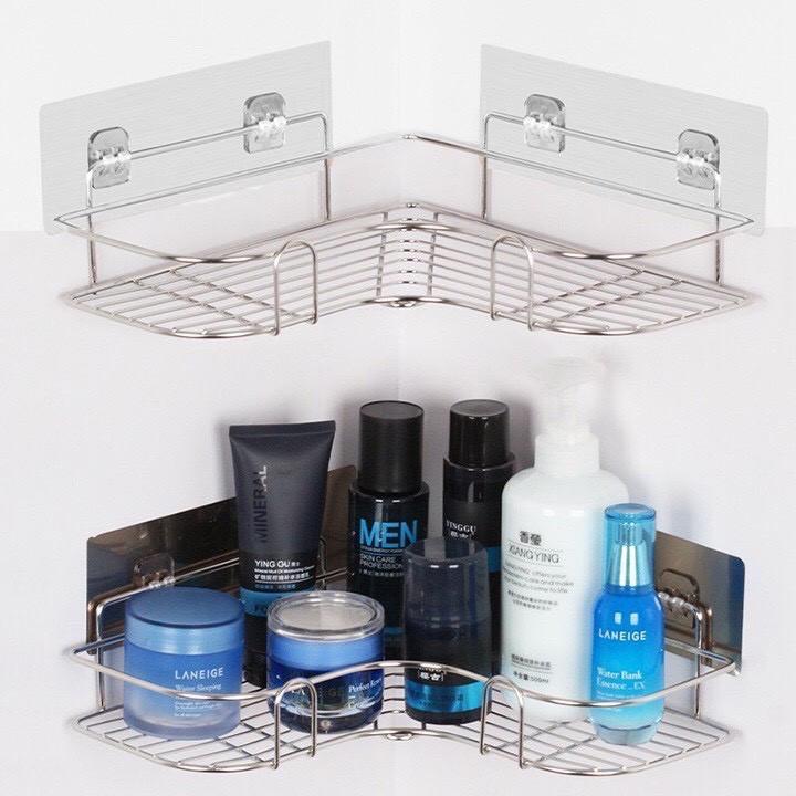 Kệ góc inox 304 treo dán góc tường phòng tắm, phòng bếp LOẠI XỊN SIÊU CHỊU LỰC Kèm 2 Miếng Dán Dài