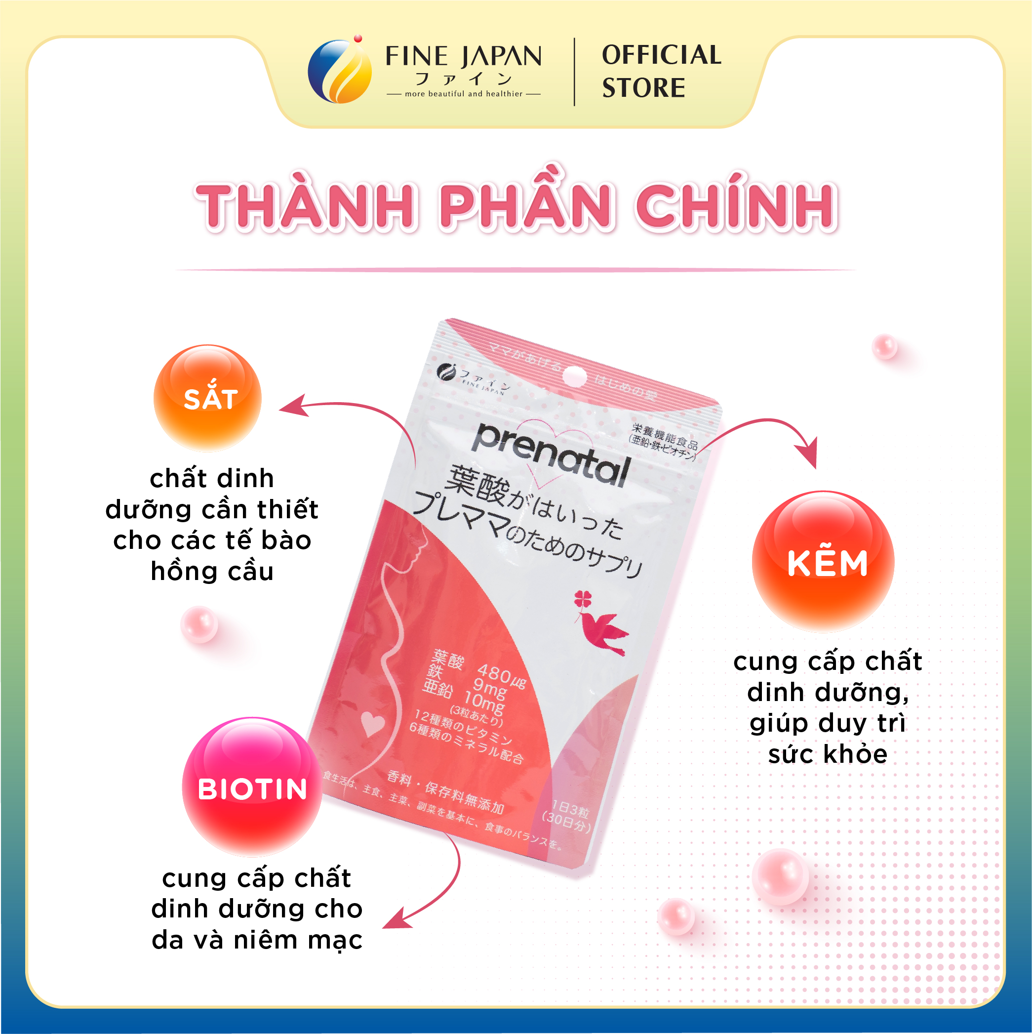 Vitamin bà bầu Prenatal FINE JAPAN 12 loại vitamin & 6 loại khoáng chất (90 Viên cho 30 ngày dùng)