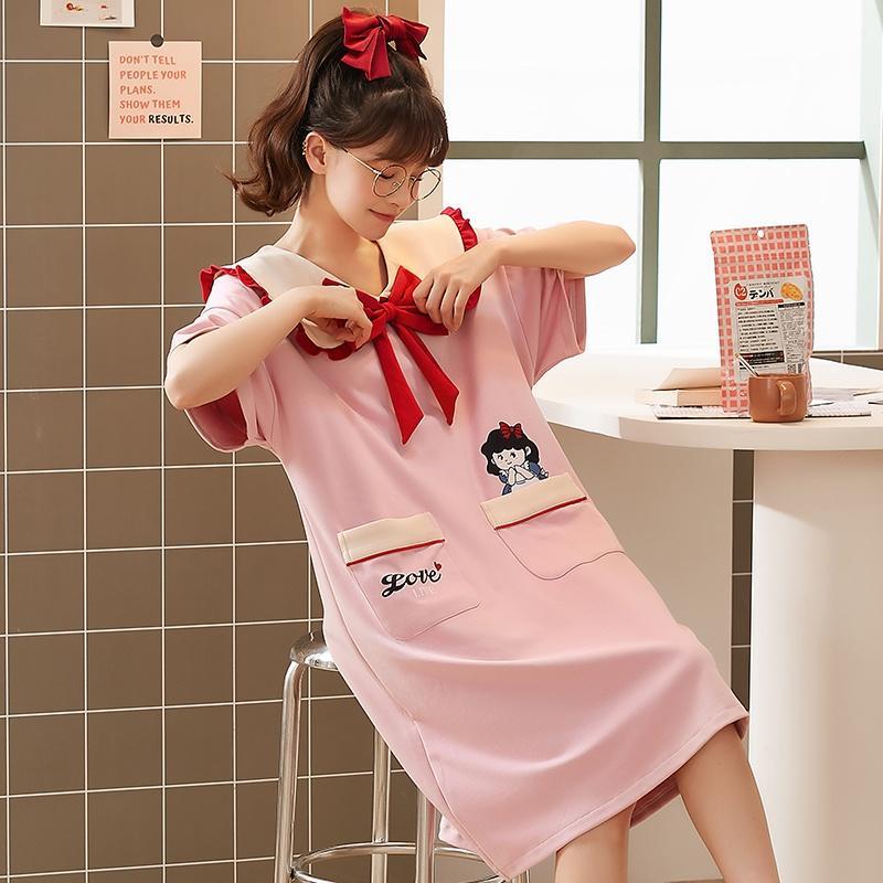Đầm Ngủ cotton Mỏng Dáng Rộng Cổ Tròn Thắt Nơ Thời Trang Mùa Hè Cho Nữ