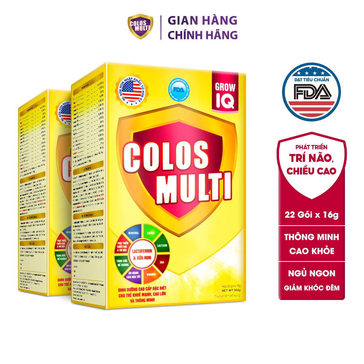 Combo 2 hộp Sữa non Colosmulti IQ hộp 22 gói x 16g hỗ trợ phát triển chiều cao và trí thông minh cho trẻ