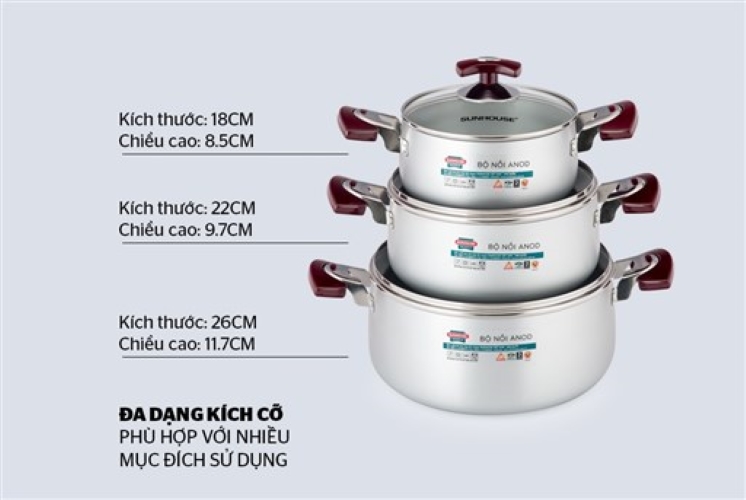 Bộ 3 Nồi Anod Vung Kính Sunhouse SH8833EB Trắng Bạc