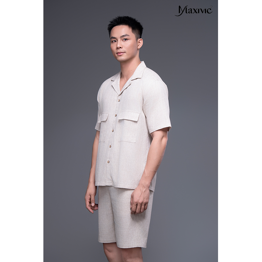 Áo sơ mi nam trắng kem linen ngắn