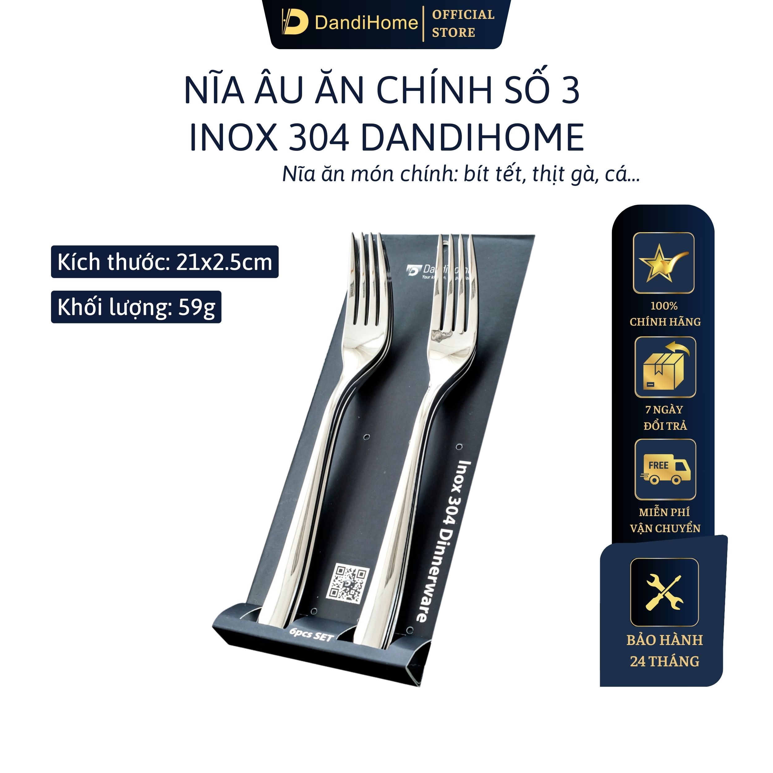 Bộ 6 Nĩa Chính Số 3 Inox 304 Dandihome 2020 Cao Cấp, Sang Trọng, Tinh Tế - Nĩa Chính Số 3