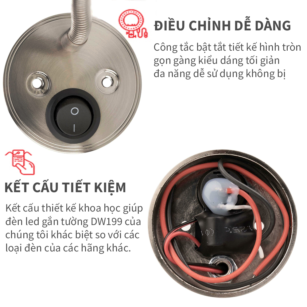 Đèn rọi đọc sách gắn tường đầu giường Led 3W Phong cách tối giản, Thân đèn Kim loại Xoay 360